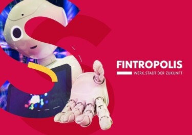 Ein Roboter streckt seine Hand aus, daneben der Schriftzug Fintropolis